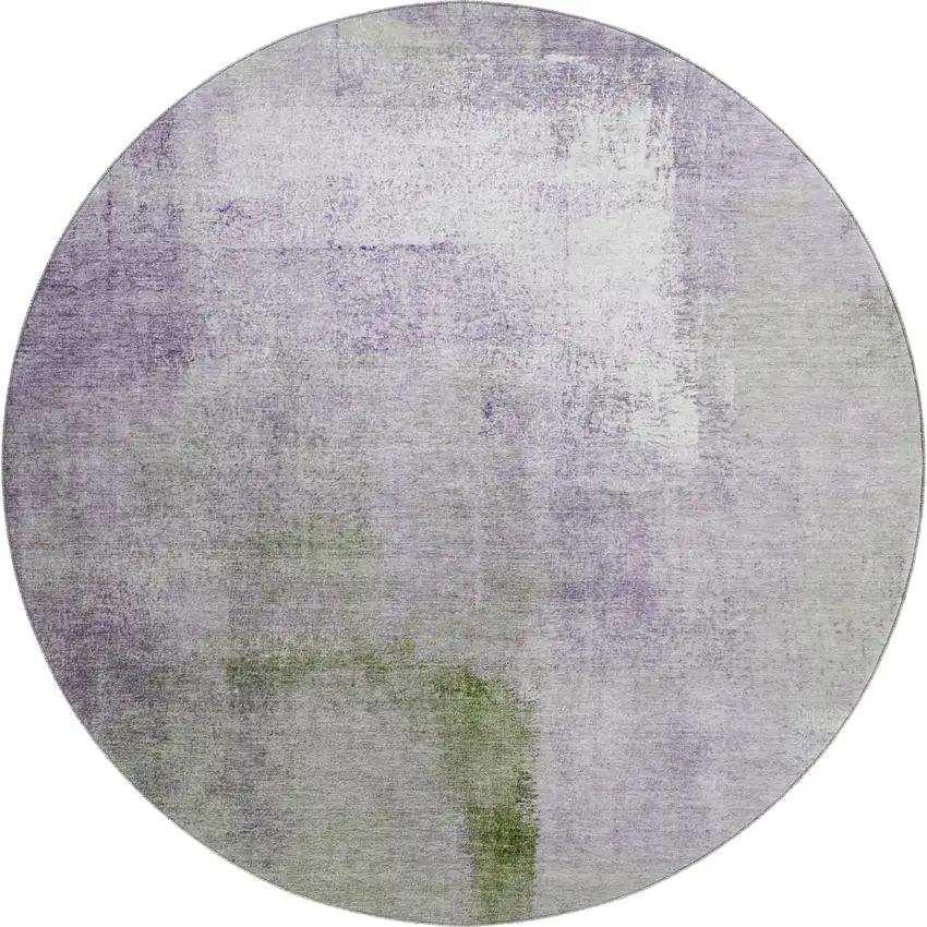 8' Purple Ivory And Green Abstract Washable Round Rug With UV Protection Photo 1