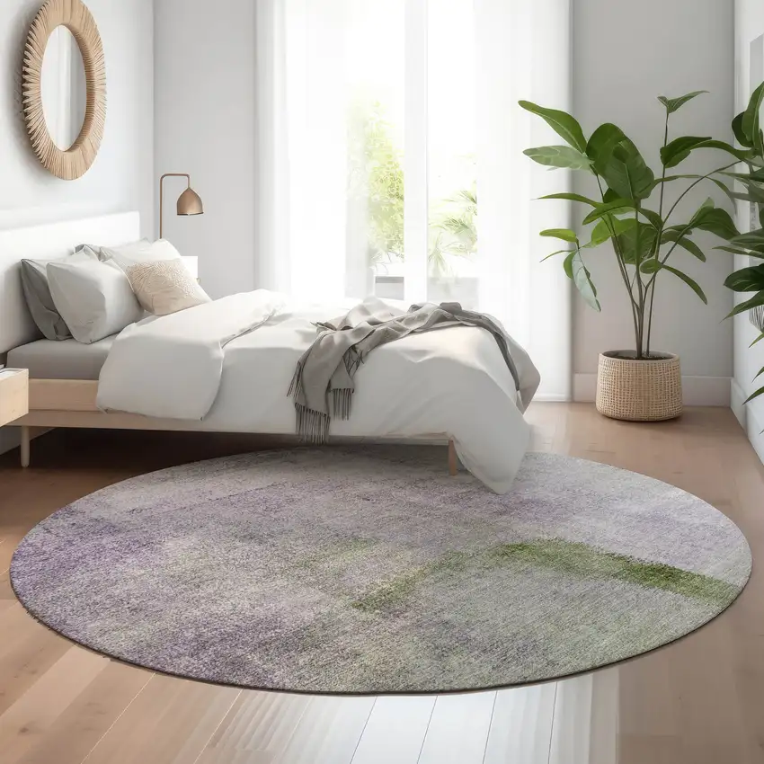8' Purple Ivory And Green Abstract Washable Round Rug With UV Protection Photo 5