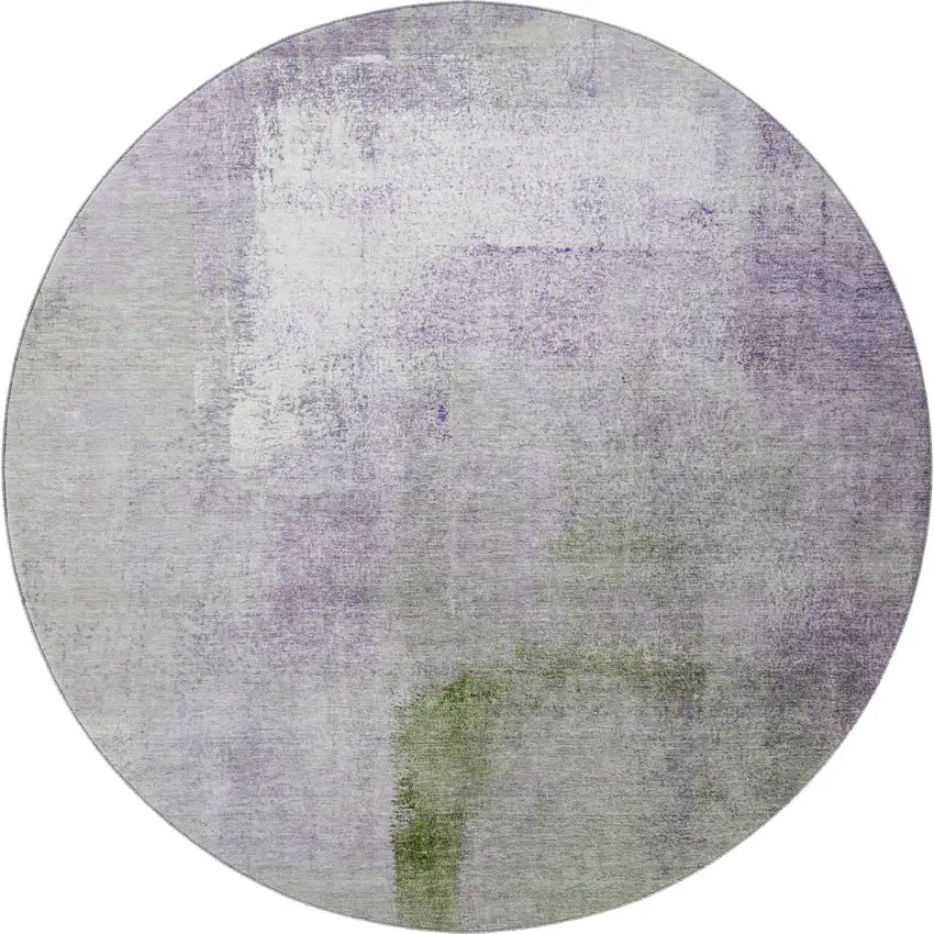 8' Purple Ivory And Green Abstract Washable Round Rug With UV Protection Photo 4
