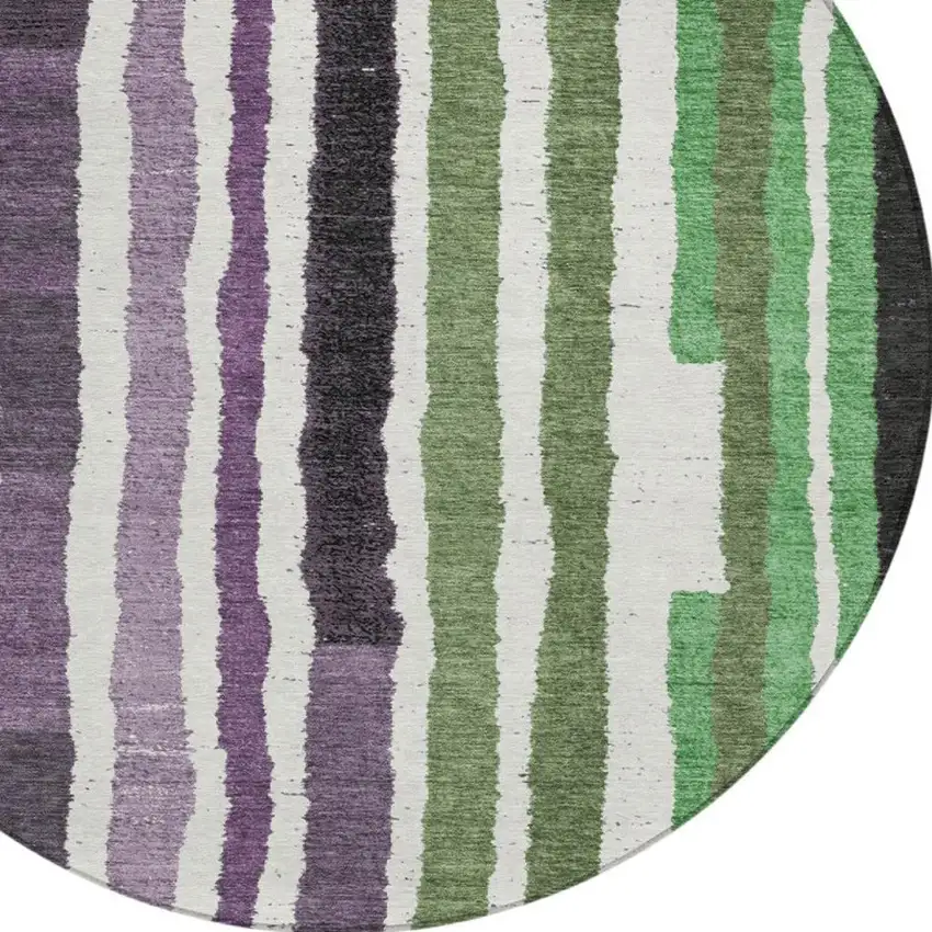 8' Purple Ivory And Green Round Striped Washable Indoor Outdoor Area Rug Photo 8
