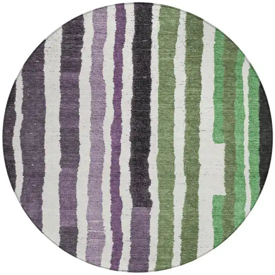 8' Purple Ivory And Green Round Striped Washable Indoor Outdoor Area Rug Photo 3