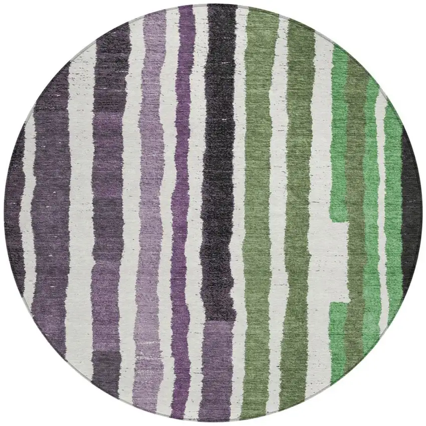 8' Purple Ivory And Green Round Striped Washable Indoor Outdoor Area Rug Photo 3