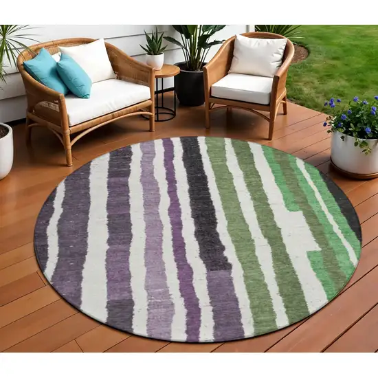 8' Purple Ivory And Green Round Striped Washable Indoor Outdoor Area Rug Photo 2