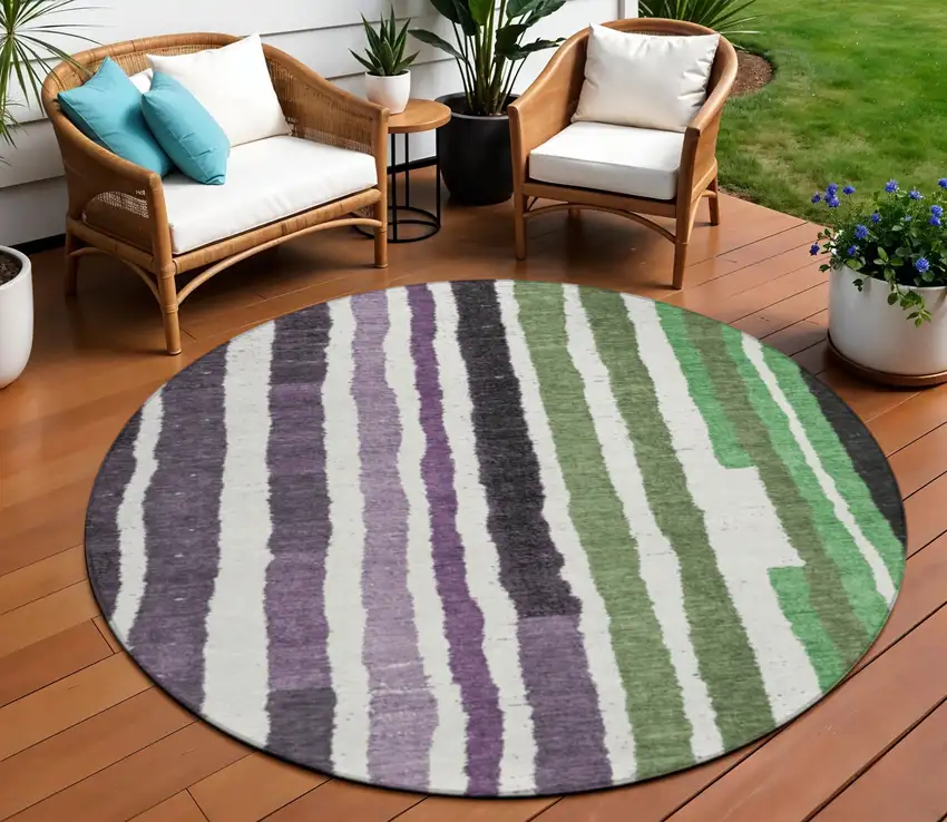 8' Purple Ivory And Green Round Striped Washable Indoor Outdoor Area Rug Photo 2