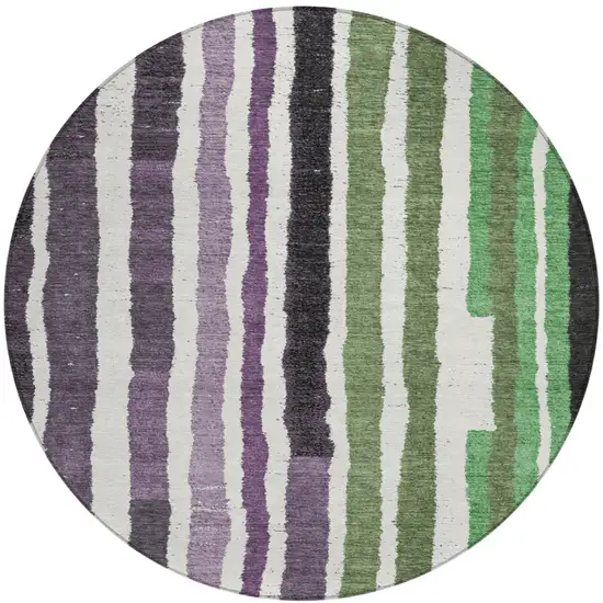 8' Purple Ivory And Green Round Striped Washable Indoor Outdoor Area Rug Photo 1