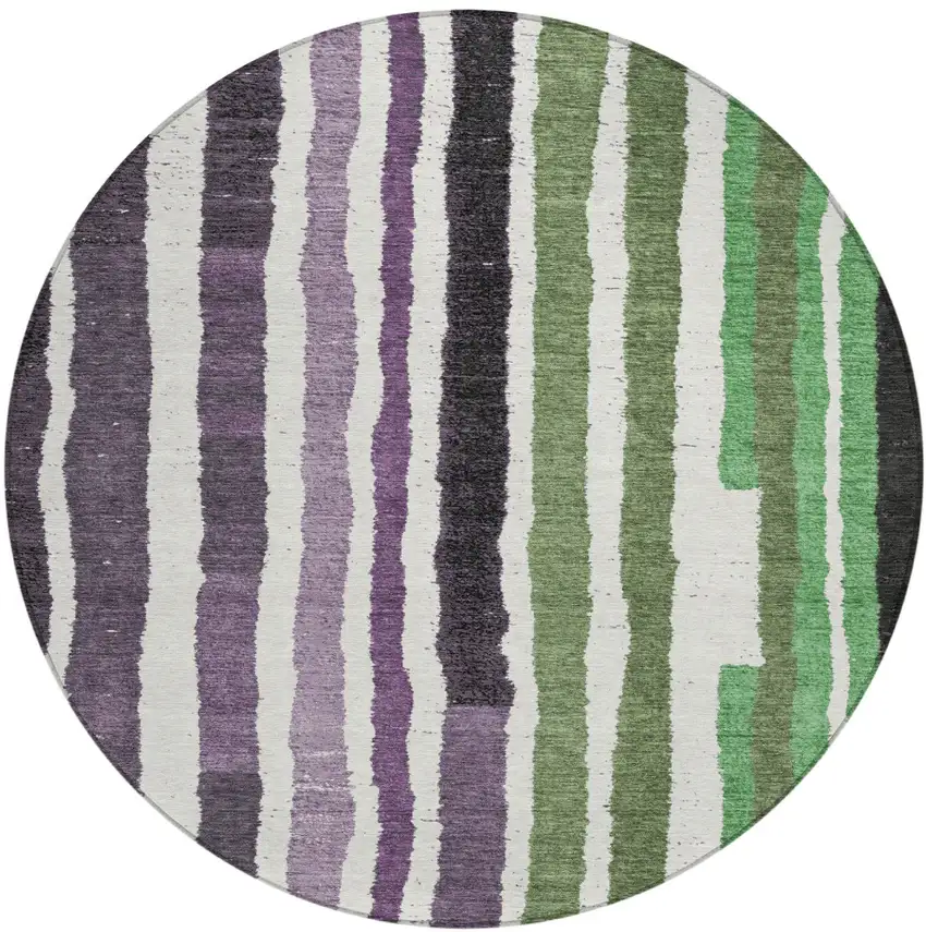 8' Purple Ivory And Green Round Striped Washable Indoor Outdoor Area Rug Photo 1