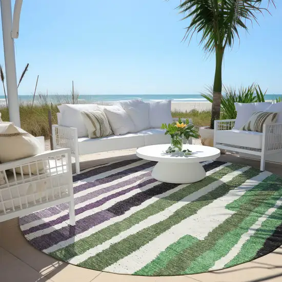 8' Purple Ivory And Green Round Striped Washable Indoor Outdoor Area Rug Photo 5