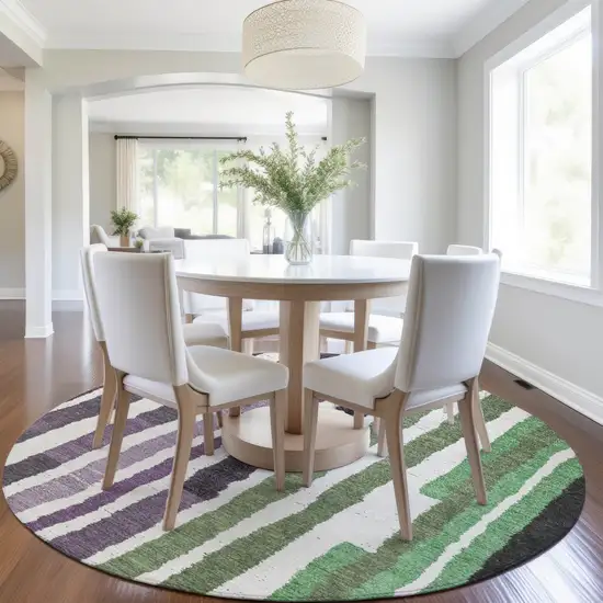8' Purple Ivory And Green Round Striped Washable Indoor Outdoor Area Rug Photo 6