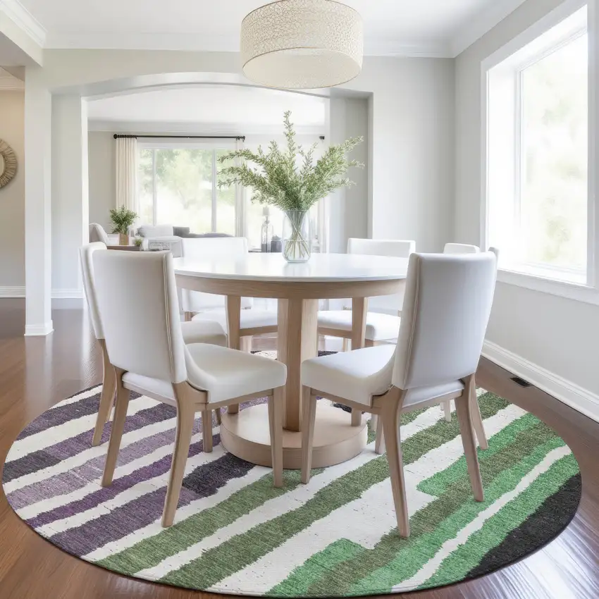 8' Purple Ivory And Green Round Striped Washable Indoor Outdoor Area Rug Photo 6