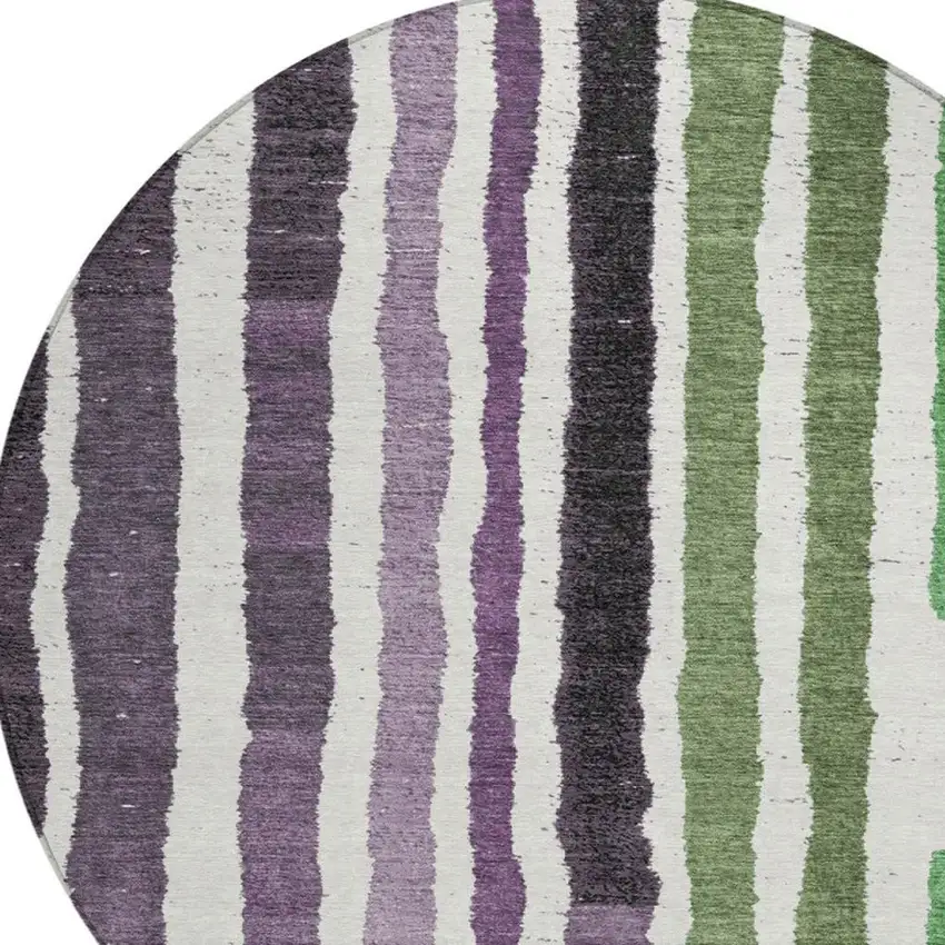 8' Purple Ivory And Green Round Striped Washable Indoor Outdoor Area Rug Photo 4