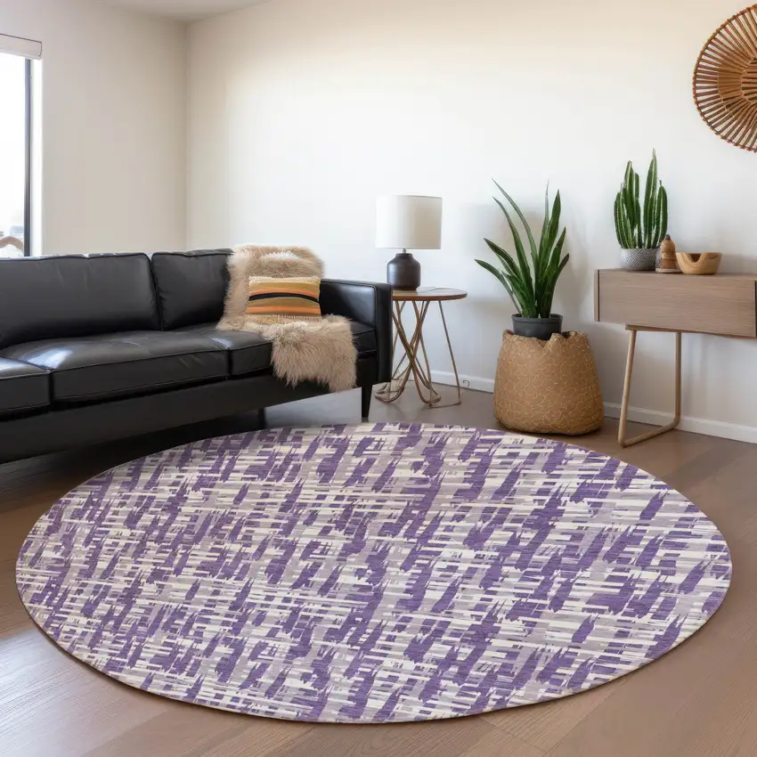 8' Purple Ivory And Lavender Abstract Geometric Washable Round Rug With UV Protection Photo 4