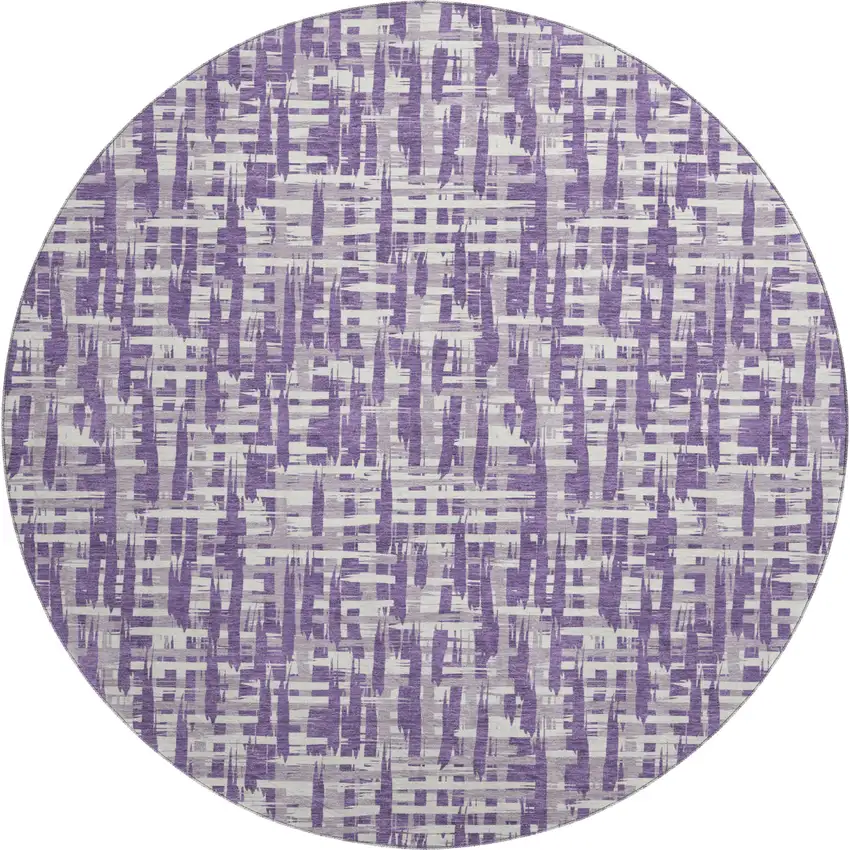 8' Purple Ivory And Lavender Abstract Geometric Washable Round Rug With UV Protection Photo 1