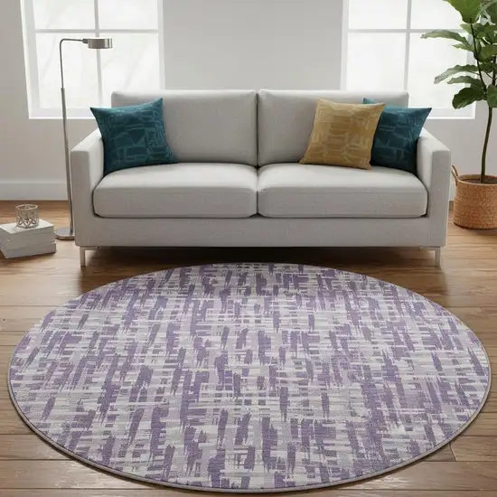 8' Purple Ivory And Lavender Abstract Geometric Washable Round Rug With UV Protection Photo 2