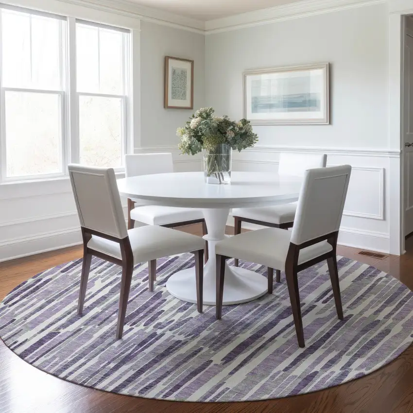 8' Purple Ivory And Lavender Round Abstract Washable Indoor Outdoor Area Rug Photo 7