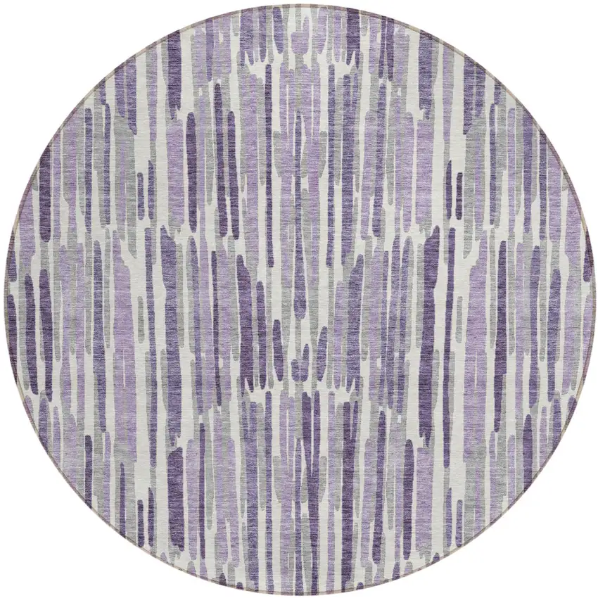 8' Purple Ivory And Lavender Round Abstract Washable Indoor Outdoor Area Rug Photo 1