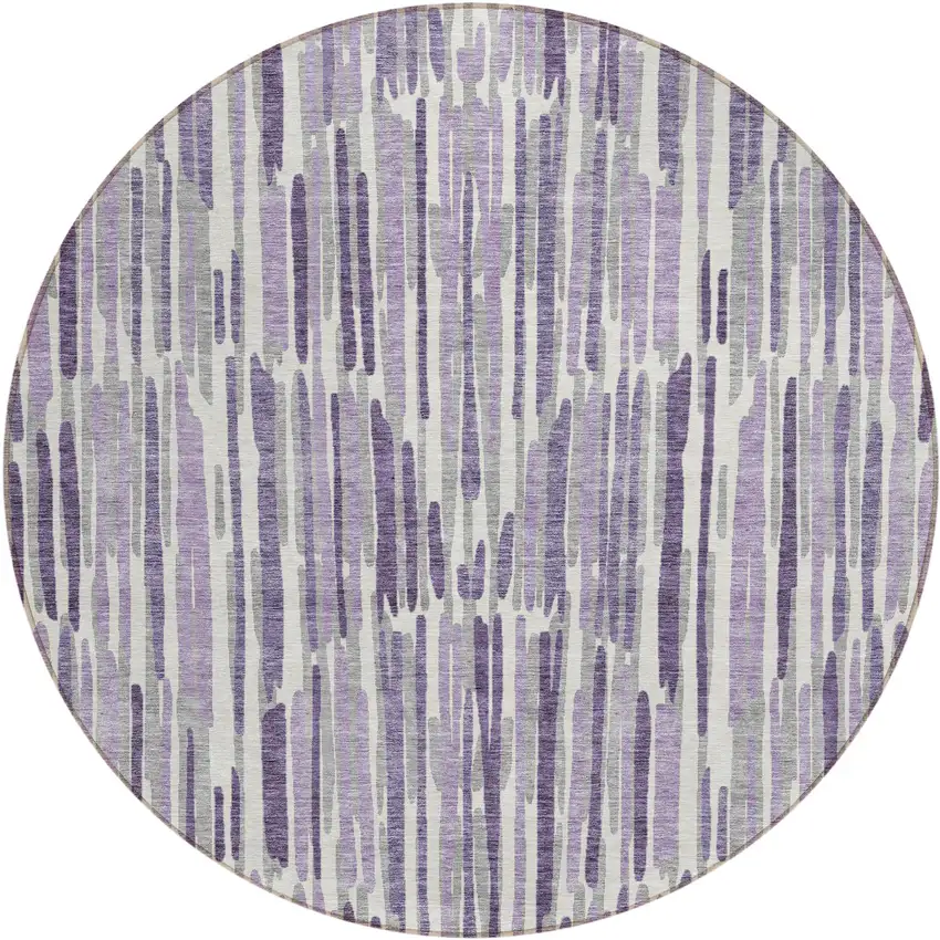 8' Purple Ivory And Lavender Round Abstract Washable Indoor Outdoor Area Rug Photo 1