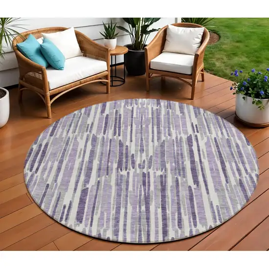 8' Purple Ivory And Lavender Round Abstract Washable Indoor Outdoor Area Rug Photo 1