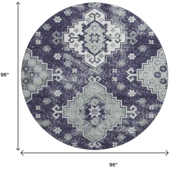 8' Purple Ivory And Sage Medallion Washable Round Rug With UV Protection Photo 3