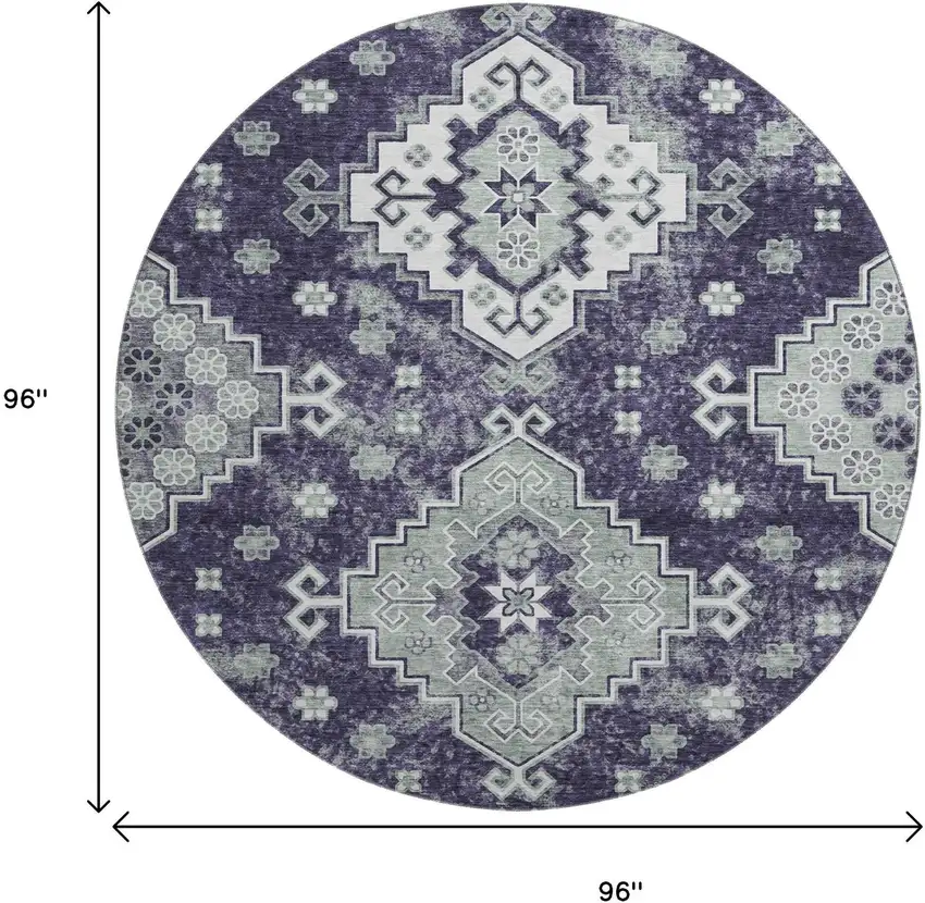 8' Purple Ivory And Sage Medallion Washable Round Rug With UV Protection Photo 3