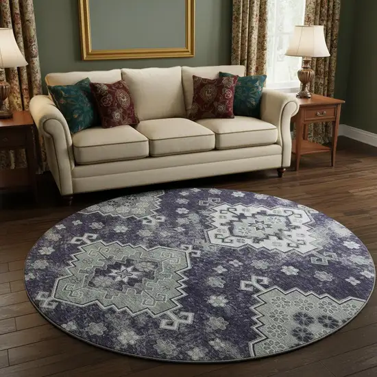 8' Purple Ivory And Sage Medallion Washable Round Rug With UV Protection Photo 2
