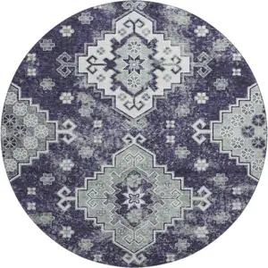 Photo of 8' Purple Ivory And Sage Medallion Washable Round Rug With UV Protection