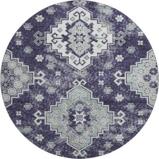 8' Purple Ivory And Sage Medallion Washable Round Rug With UV Protection Photo 1