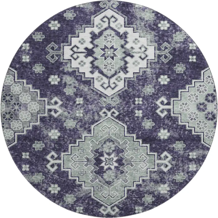 8' Purple Ivory And Sage Medallion Washable Round Rug With UV Protection Photo 1