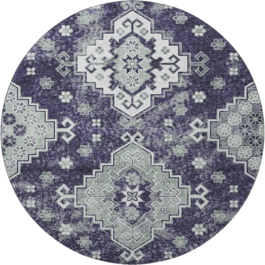 8' Purple Ivory And Sage Medallion Washable Round Rug With UV Protection Photo 4