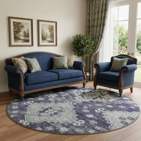 8' Purple Ivory And Sage Medallion Washable Round Rug With UV Protection Photo 1