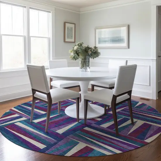 8' Purple Ivory And Teal Blue Round Geometric Washable Indoor Outdoor Area Rug Photo 8