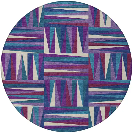 8' Purple Ivory And Teal Blue Round Geometric Washable Indoor Outdoor Area Rug Photo 6