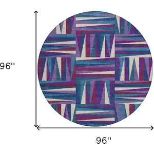 Photo of 8' Purple Ivory And Teal Blue Round Geometric Washable Indoor Outdoor Area Rug