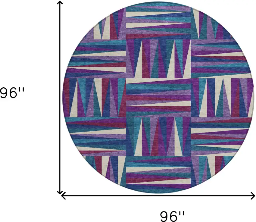 8' Purple Ivory And Teal Blue Round Geometric Washable Indoor Outdoor Area Rug Photo 3
