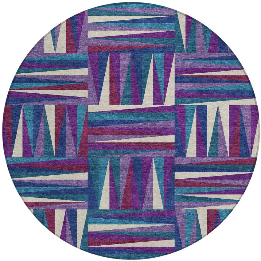 8' Purple Ivory And Teal Blue Round Geometric Washable Indoor Outdoor Area Rug Photo 5