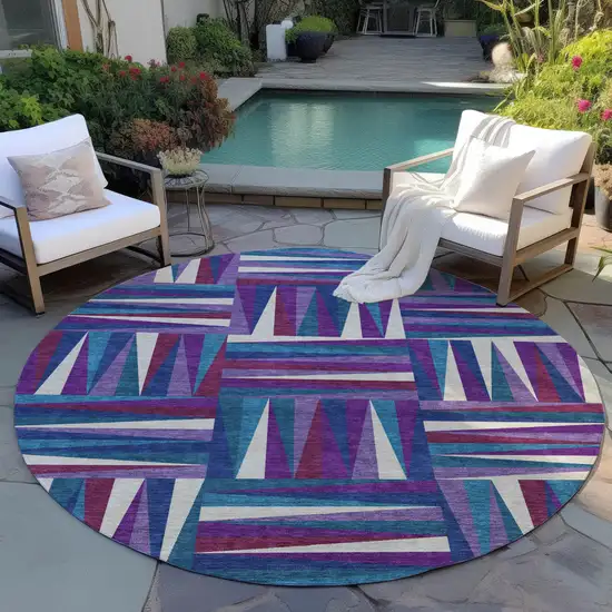 8' Purple Ivory And Teal Blue Round Geometric Washable Indoor Outdoor Area Rug Photo 7