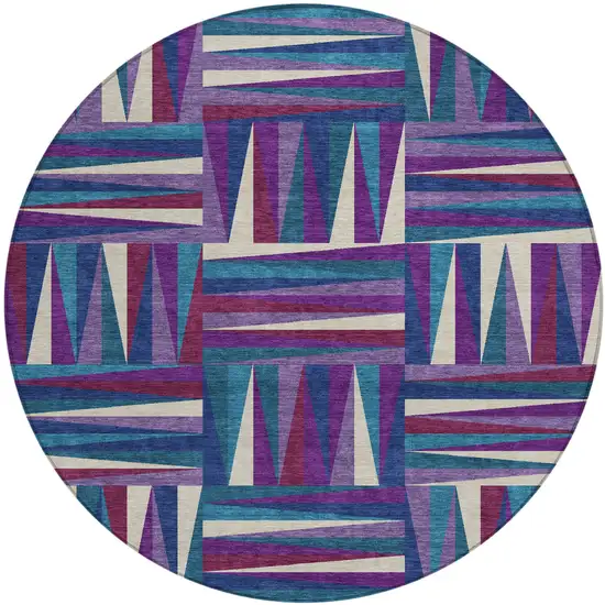 8' Purple Ivory And Teal Blue Round Geometric Washable Indoor Outdoor Area Rug Photo 2