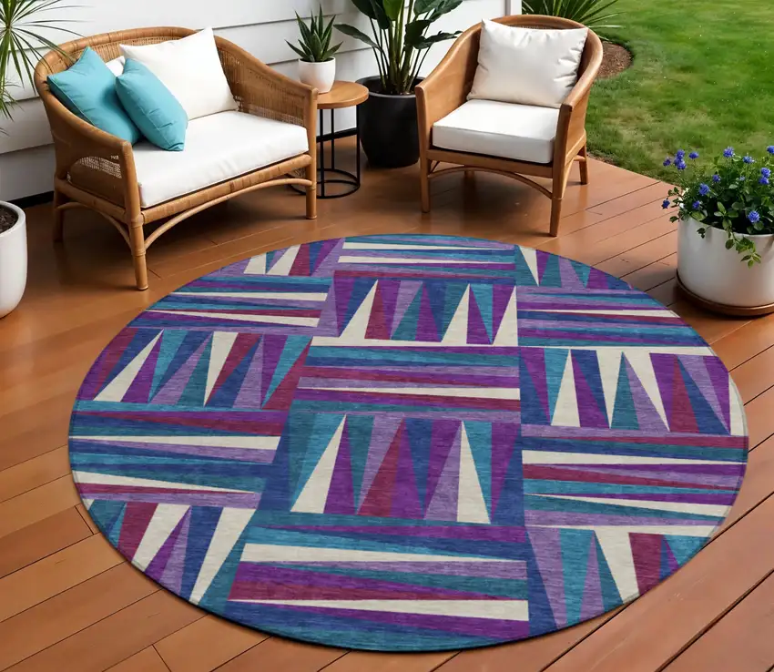8' Purple Ivory And Teal Blue Round Geometric Washable Indoor Outdoor Area Rug Photo 1