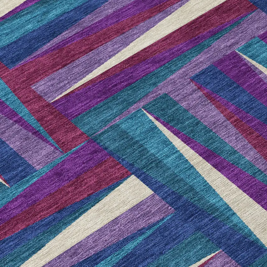 8' Purple Ivory And Teal Blue Round Geometric Washable Indoor Outdoor Area Rug Photo 4