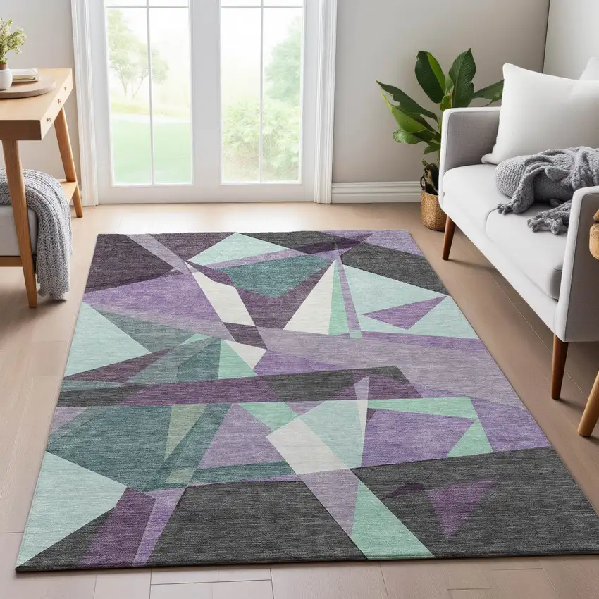 8' Purple Ivory And Teal Geometric Washable Area Rug With UV Protection Photo 5
