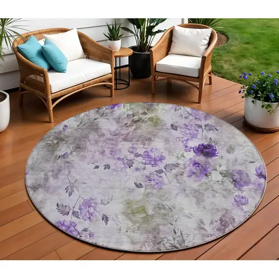8' Purple Lavender And Artichoke Green Round Floral Washable Indoor Outdoor Area Rug Photo 1