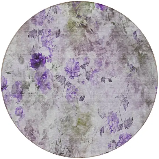 8' Purple Lavender And Artichoke Green Round Floral Washable Indoor Outdoor Area Rug Photo 7