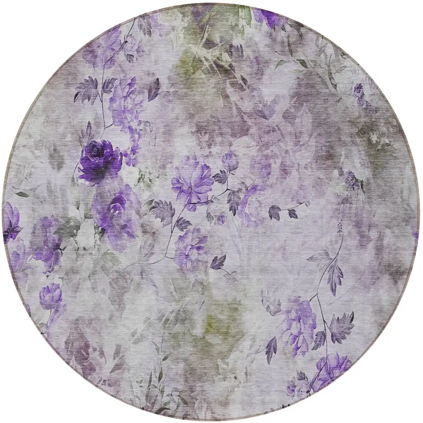 8' Purple Lavender And Artichoke Green Round Floral Washable Indoor Outdoor Area Rug Photo 7