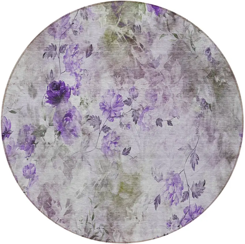 8' Purple Lavender And Artichoke Green Round Floral Washable Indoor Outdoor Area Rug Photo 7