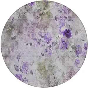 Photo of 8' Purple Lavender And Artichoke Green Round Floral Washable Indoor Outdoor Area Rug