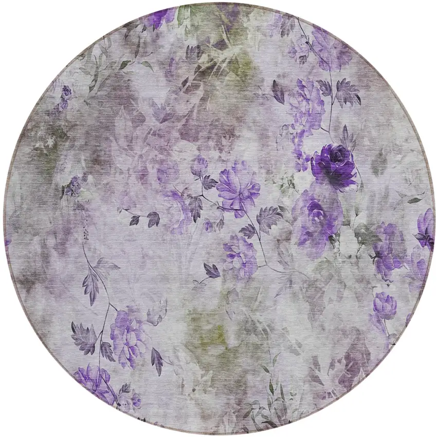 8' Purple Lavender And Artichoke Green Round Floral Washable Indoor Outdoor Area Rug Photo 1