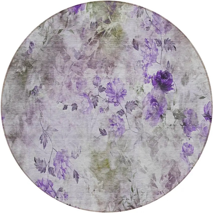 8' Purple Lavender And Artichoke Green Round Floral Washable Indoor Outdoor Area Rug Photo 1