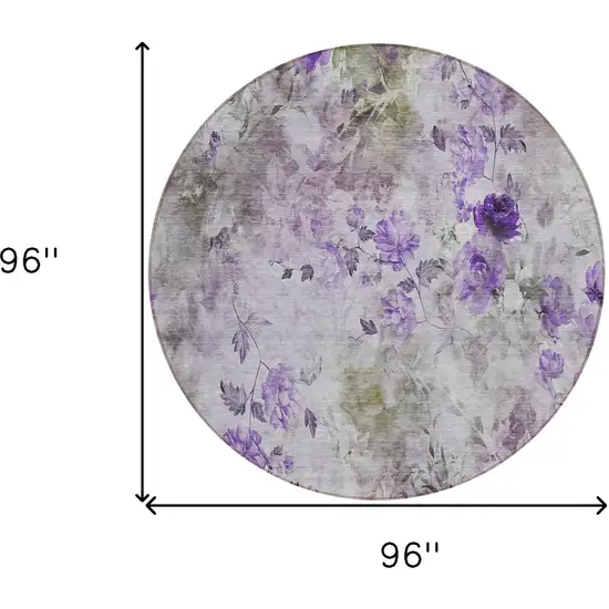 8' Purple Lavender And Artichoke Green Round Floral Washable Indoor Outdoor Area Rug Photo 8