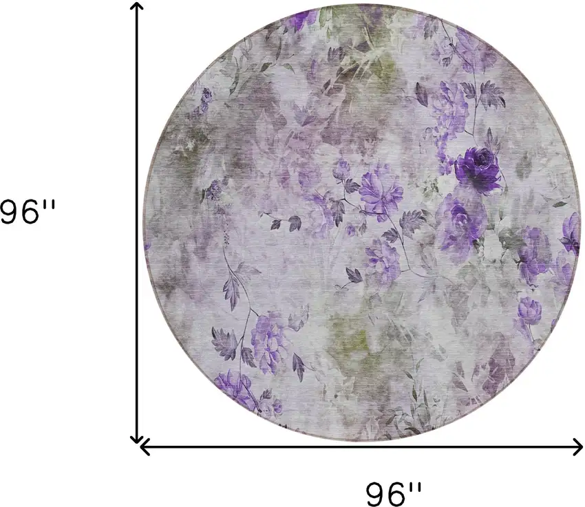 8' Purple Lavender And Artichoke Green Round Floral Washable Indoor Outdoor Area Rug Photo 8