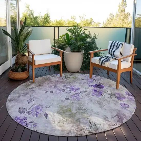 8' Purple Lavender And Artichoke Green Round Floral Washable Indoor Outdoor Area Rug Photo 8