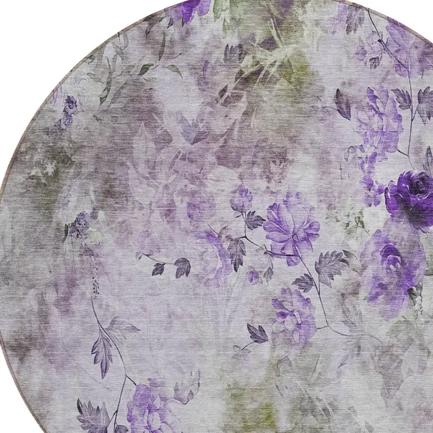 8' Purple Lavender And Artichoke Green Round Floral Washable Indoor Outdoor Area Rug Photo 6